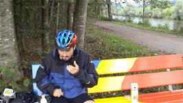 Tao finishes his Pork Pate lunch by the River Thur on Route 5 between Oberbüren and Niederbüren, 21.5 miles into the ride